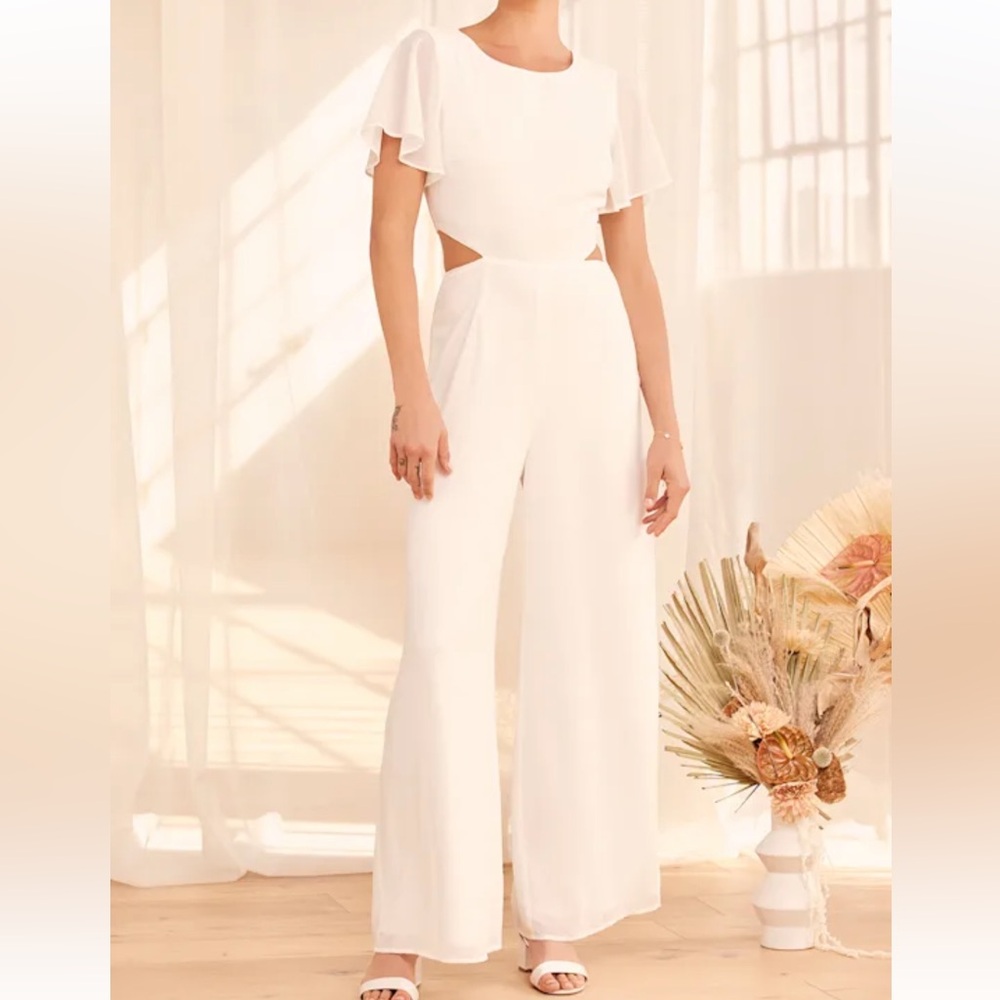 Lulus Toast to You White Flutter Sleeve Cutout Jumpsuit